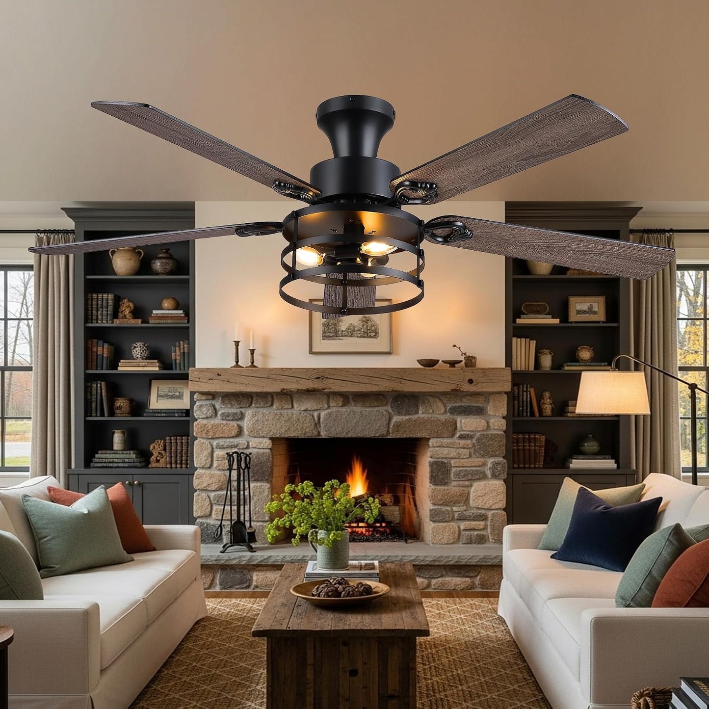 JSAITEE 52" Farmhouse Flush Mount Ceiling Fans with Lights, No Bulbs