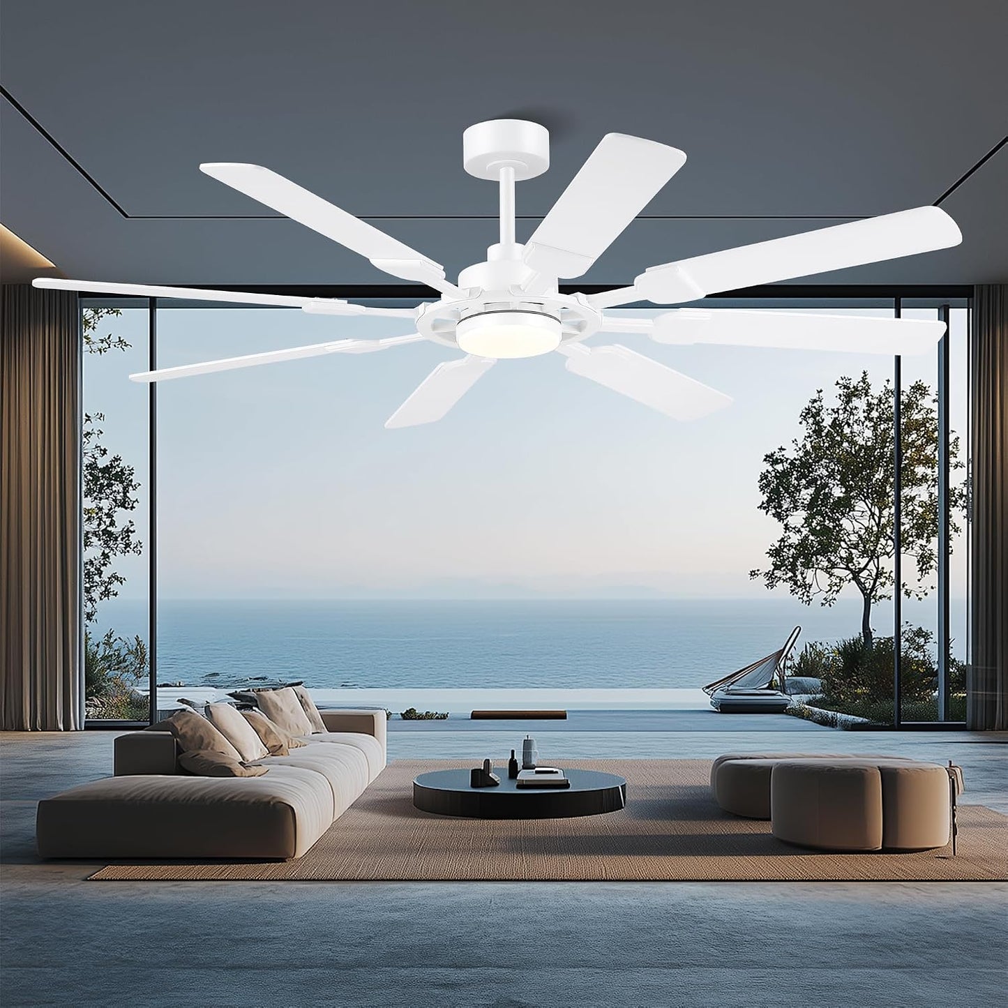 62" Ceiling Fan with Light - Modern White Low Profile Ceilings Fans Light08-Black-62In 08-White-62In 08-Brown-62In