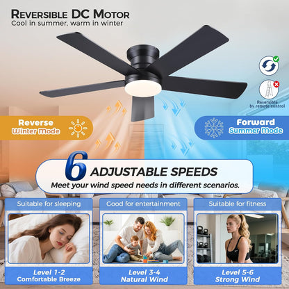 48In Ceiling Fan with Light Flush Mount - White Low Profile Ceiling Fan Light with Remote/APP, 5 Reversible Dual-Sided Blades, Modern Fan Light for Indoor Bedroom, Covered Outdoor