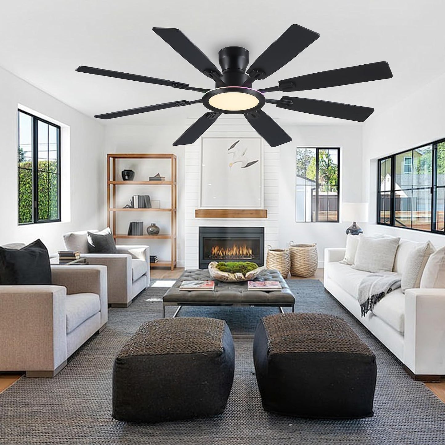 JSAITEE 60Inch Ceiling Fan with Lights Low Profile Flush Mount Brown RGB