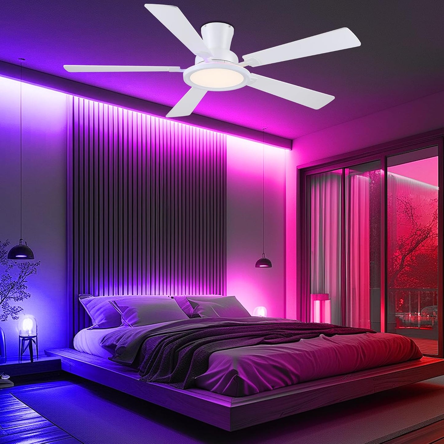 Ceiling Fans with Lights - 52in Flush Mount Ceiling Fan with RGB Dimmable, 3CCT 6 Wind Speeds and Reversible Quiet Motor, Low Profile RGB Fan Light for Modern Indoor, Party 8886-Black 8886-White 8886-Brown 8886-Nickel