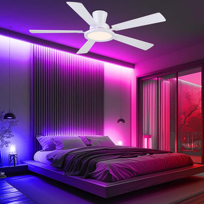 Ceiling Fans with Lights - 52in Flush Mount Ceiling Fan with RGB Dimmable, 3CCT 6 Wind Speeds and Reversible Quiet Motor, Low Profile RGB Fan Light for Modern Indoor, Party 8886-Black 8886-White 8886-Brown 8886-Nickel