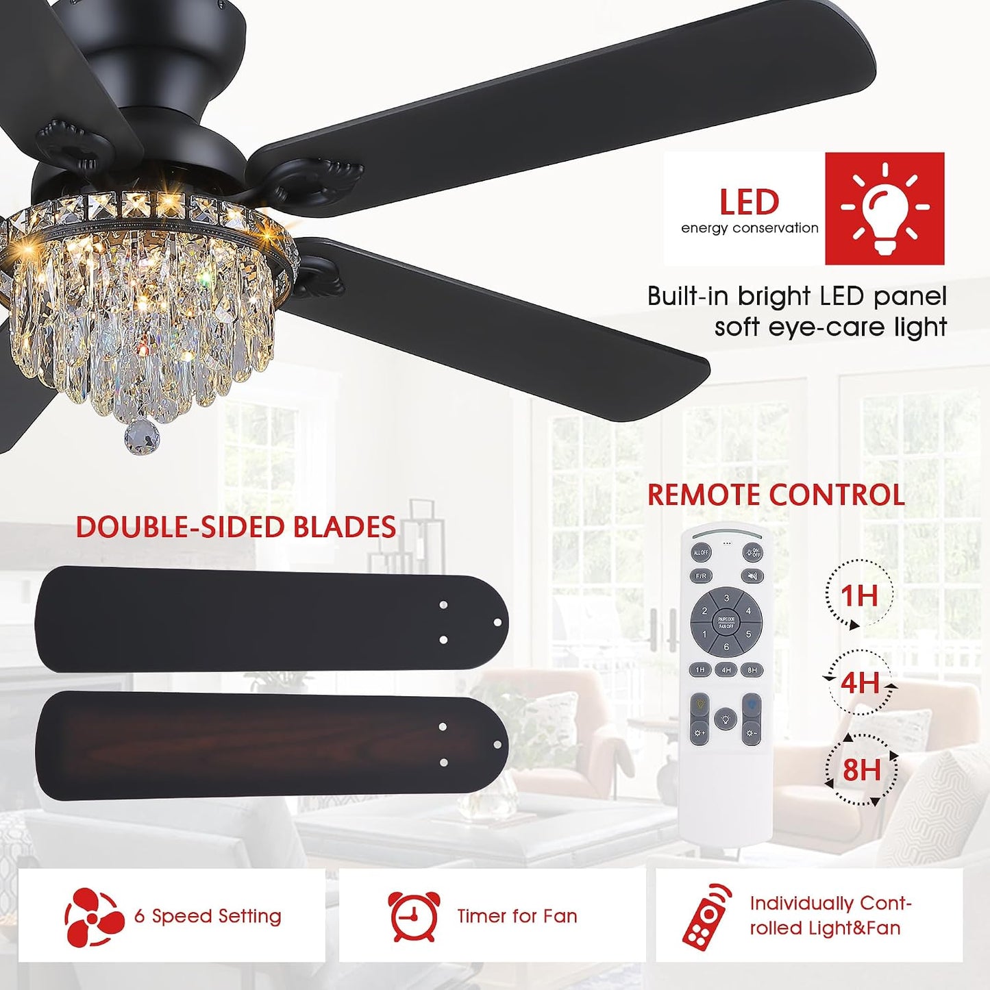 Crystal Ceiling Fan Fandelier with Lights-Modern Ceiling Fan(52" )5889-Black 5890-Black