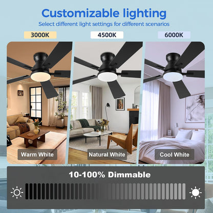 Ceiling Fans with Lights,52 Inch Low Profile Ceiling Fan with Light-Flush Mount Dimmable, Quiet DC Motor for Outdoor Patio,Garage,Bedroom Brown67-Black 52in 67-White 52in 67-Brown 52in 67-Nickel 52in