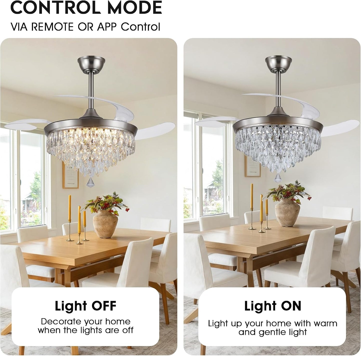 48" Chandelier Ceiling Fan with Lights, Crystal Retractable Fandelier with 3 Color LED Dimmable, Reversible DC Motor, Modern for Bedroom, Living Room5555-BLACK 5555-GOLD 5555-NICKEL