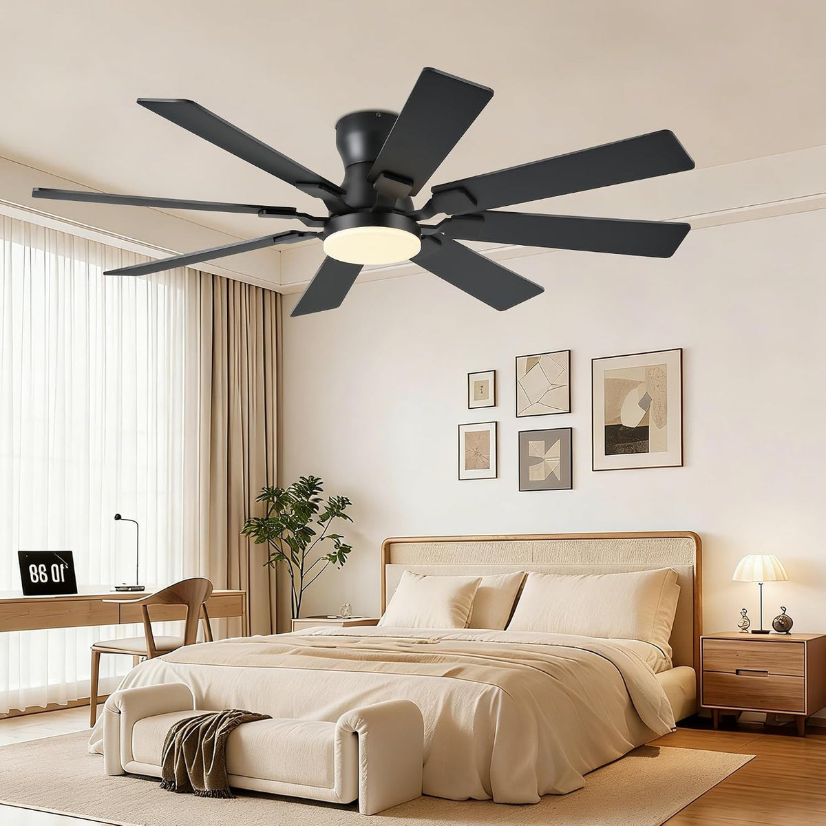 JSAITEE 52 inch Ceiling Fan with Light, 6 Speeds Reversible Low Profile Ceiling Fan with Light and Remote/APP Control, 3 Color Temp+Dimmable RGB, 8 Blades, Flush Mount Quiet Ceiling Fans, Black JL99-Black