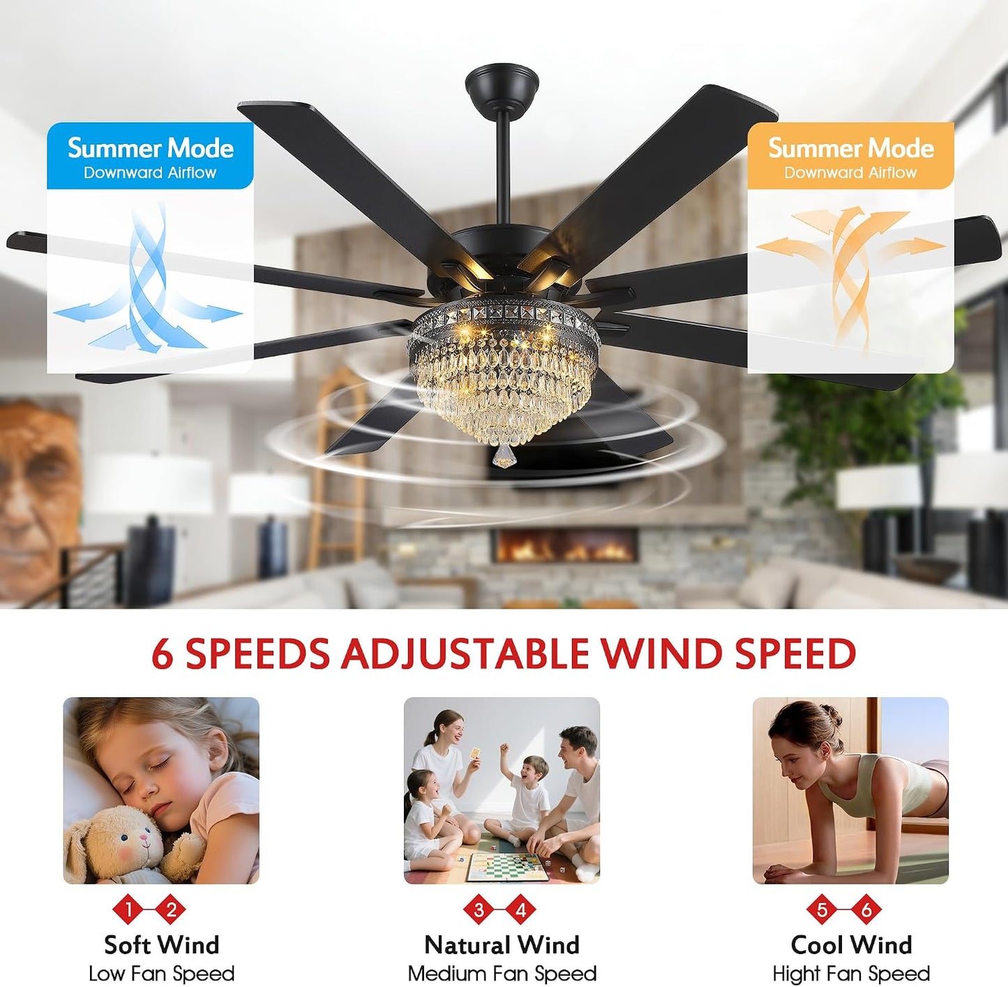 Crystal Ceiling Fan Fandelier with Lights-Outdoor Ceiling Fans (62" ) (72" )