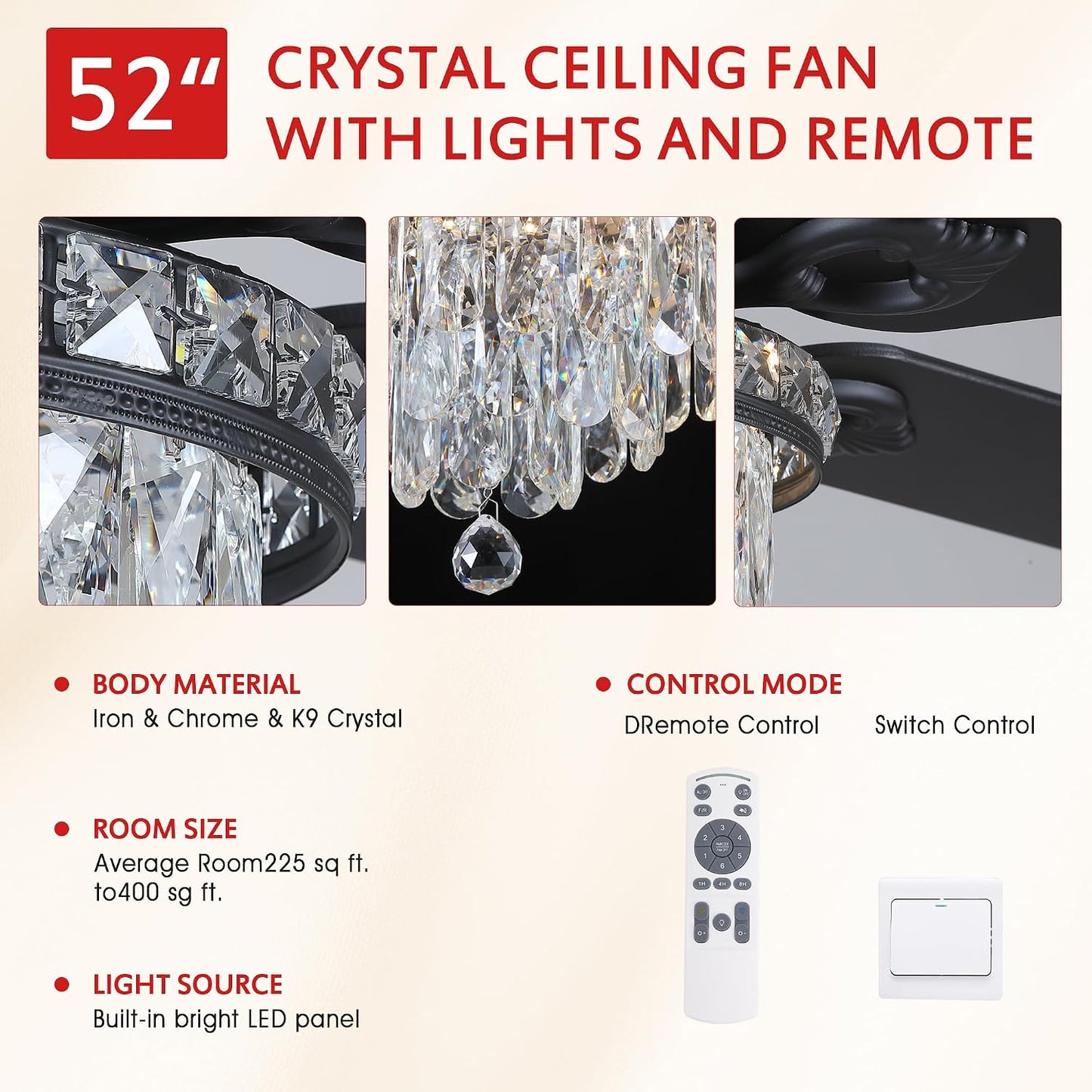 Crystal Ceiling Fan Fandelier with Lights-Modern Ceiling Fan(52" )5889-Black 5890-Black
