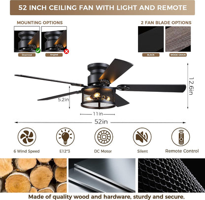 JSAITEE 52" Farmhouse Flush Mount Ceiling Fans with Lights, No Bulbs