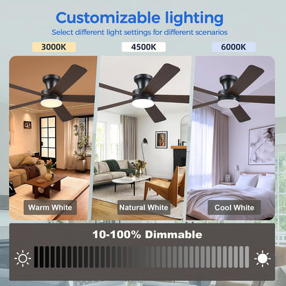 Ceiling Fans with Lights,46" Black Flush Mount Ceiling Fan Light with ABS Blades Reversible,3CCT Dimmable, Low Profile Fan Light for Indoor Modern Bedroom, Kitchen