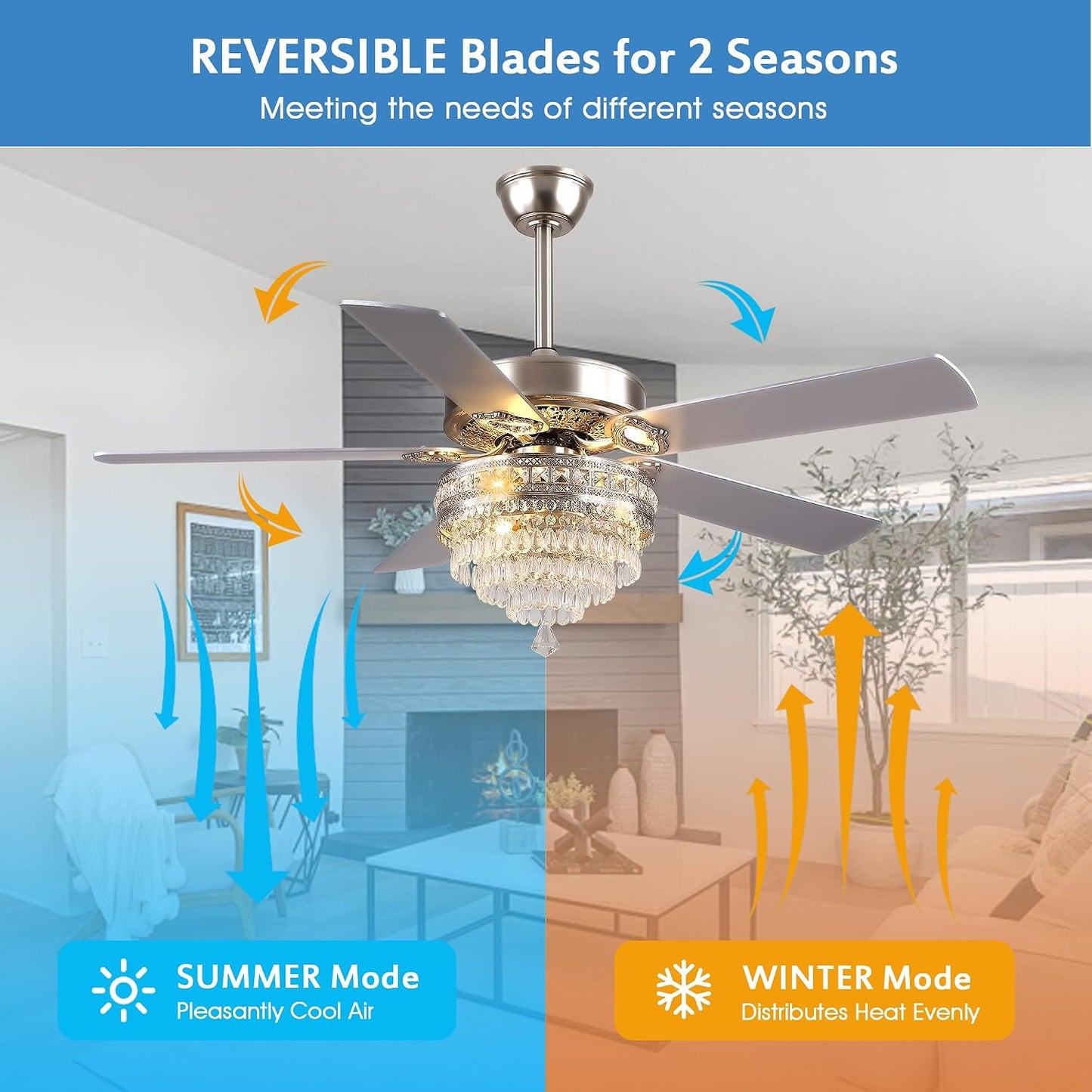 Crystal Ceiling Fan Fandelier with Lights - Retro Outdoor Fans (52" ) 5888 5888-Silver 52 5888-Gold 52