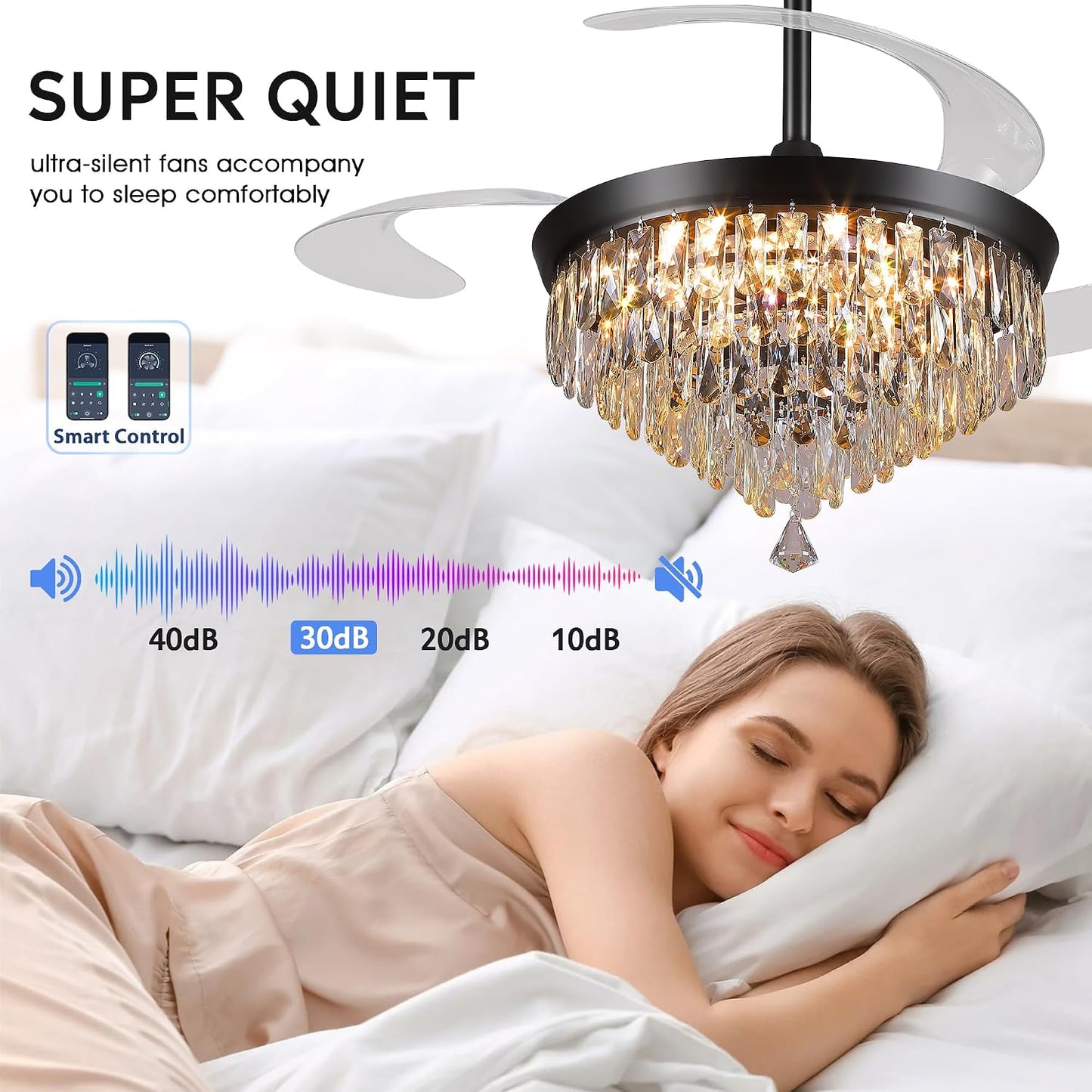 48" Chandelier Ceiling Fan with Lights, Crystal Retractable Fandelier with 3 Color LED Dimmable, Reversible DC Motor, Modern for Bedroom, Living Room5555-BLACK 5555-GOLD 5555-NICKEL