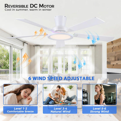 Ceiling Fans with Lights - 52in Flush Mount Ceiling Fan with RGB Dimmable, 3CCT 6 Wind Speeds and Reversible Quiet Motor, Low Profile RGB Fan Light for Modern Indoor, Party 8886-Black 8886-White 8886-Brown 8886-Nickel
