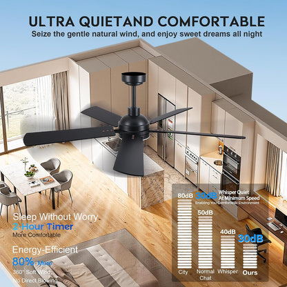 JSAITEE Ceiling Fans with Lights - 52Inch Low Profile Flush Mount Ceiling Fan with Light and Remote Control, DC Reversible Motor, Dimmable, 6 Speeds Ceiling Fan for Bedroom, Kitchen, JL-53-Black JL-53-White JL-053-Brwon JL-53-Nickel