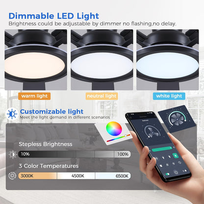 Ceiling Fans with Lights - 52in Flush Mount Ceiling Fan with RGB Dimmable, 3CCT 6 Wind Speeds and Reversible Quiet Motor, Low Profile RGB Fan Light for Modern Indoor, Party 8886-Black 8886-White 8886-Brown 8886-Nickel