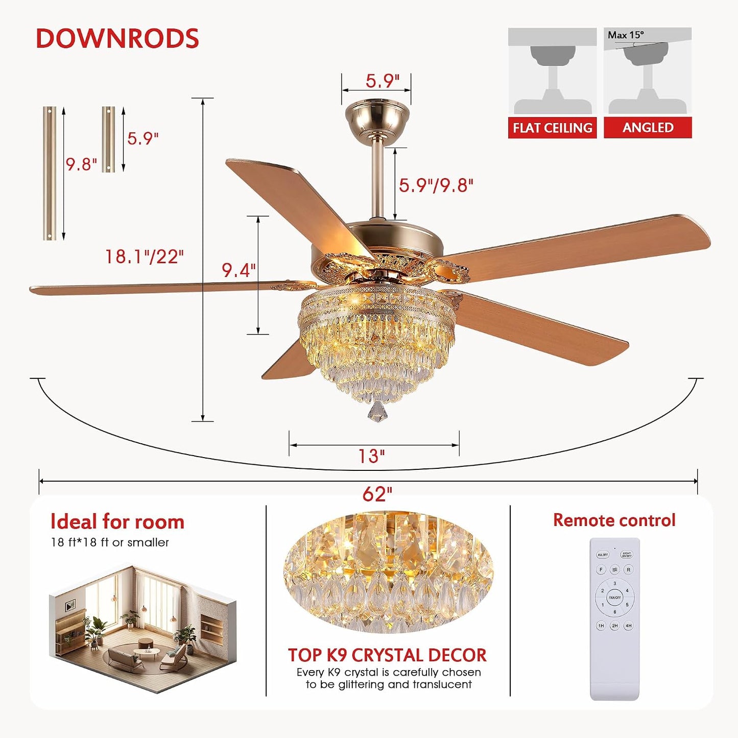 Crystal Ceiling Fan Fandelier with Lights-Outdoor Ceiling Fans (62" ) (72" )