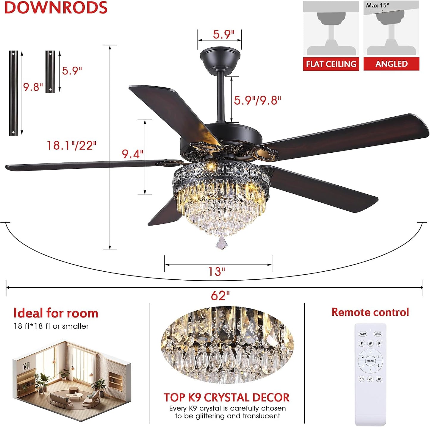 Crystal Ceiling Fan Fandelier with Lights-Outdoor Ceiling Fans (62" ) (72" )