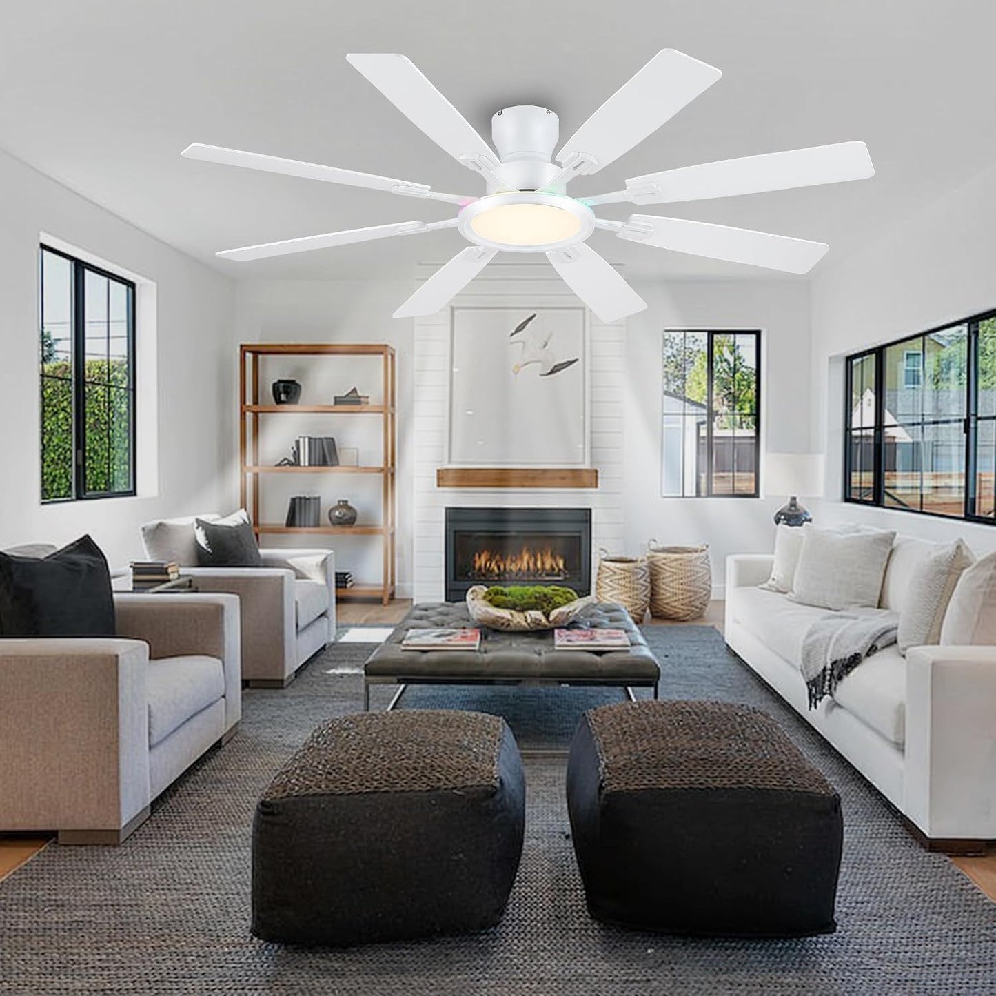 JSAITEE 60Inch Ceiling Fan with Lights Low Profile Flush Mount Brown RGB