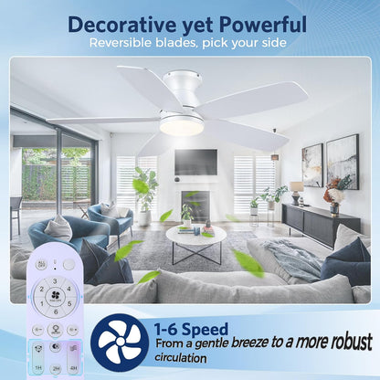 SAITEE 48" Ceiling Fans with Lights Low Profile - Flush Mount Ceiling Fan with Light and Remote, 6 Wind Speeds Reversible, Quiet, 3CCT Dimmable, Fan Light for Modern Indoor, Bedroom, Kitchen,JL68-48-Black JL068-48-white JL68-48-Brwon JL68-48-Nickle