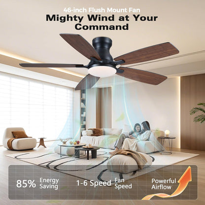 JSAITEE 46 Inch Low Profile Flush Mount Ceiling Fan with Lights, Black Brown WhiteJL-66-42-Brown JL-66-42-black JL-66-42-white