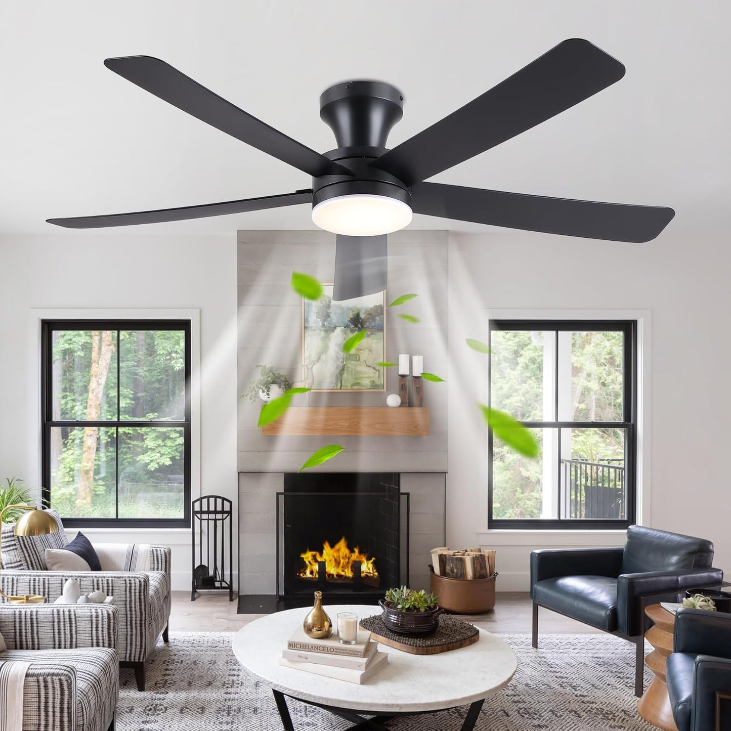 Ceiling Fans with Lights,46" Black Flush Mount Ceiling Fan Light with ABS Blades Reversible,3CCT Dimmable, Low Profile Fan Light for Indoor Modern Bedroom, Kitchen