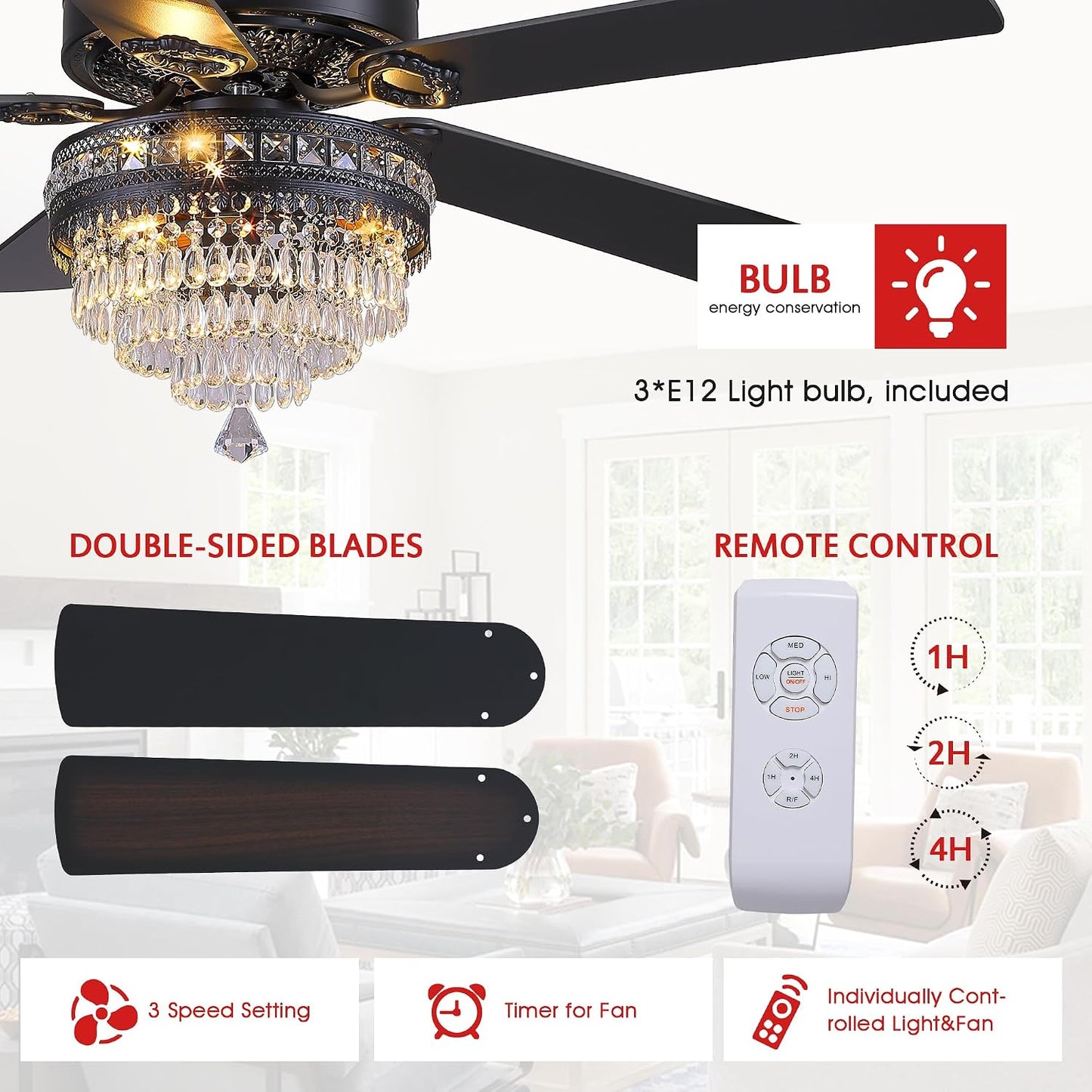 Crystal Ceiling Fan Fandelier with Lights - Retro Outdoor Fans (52" ) 5888 5888-Silver 52 5888-Gold 52