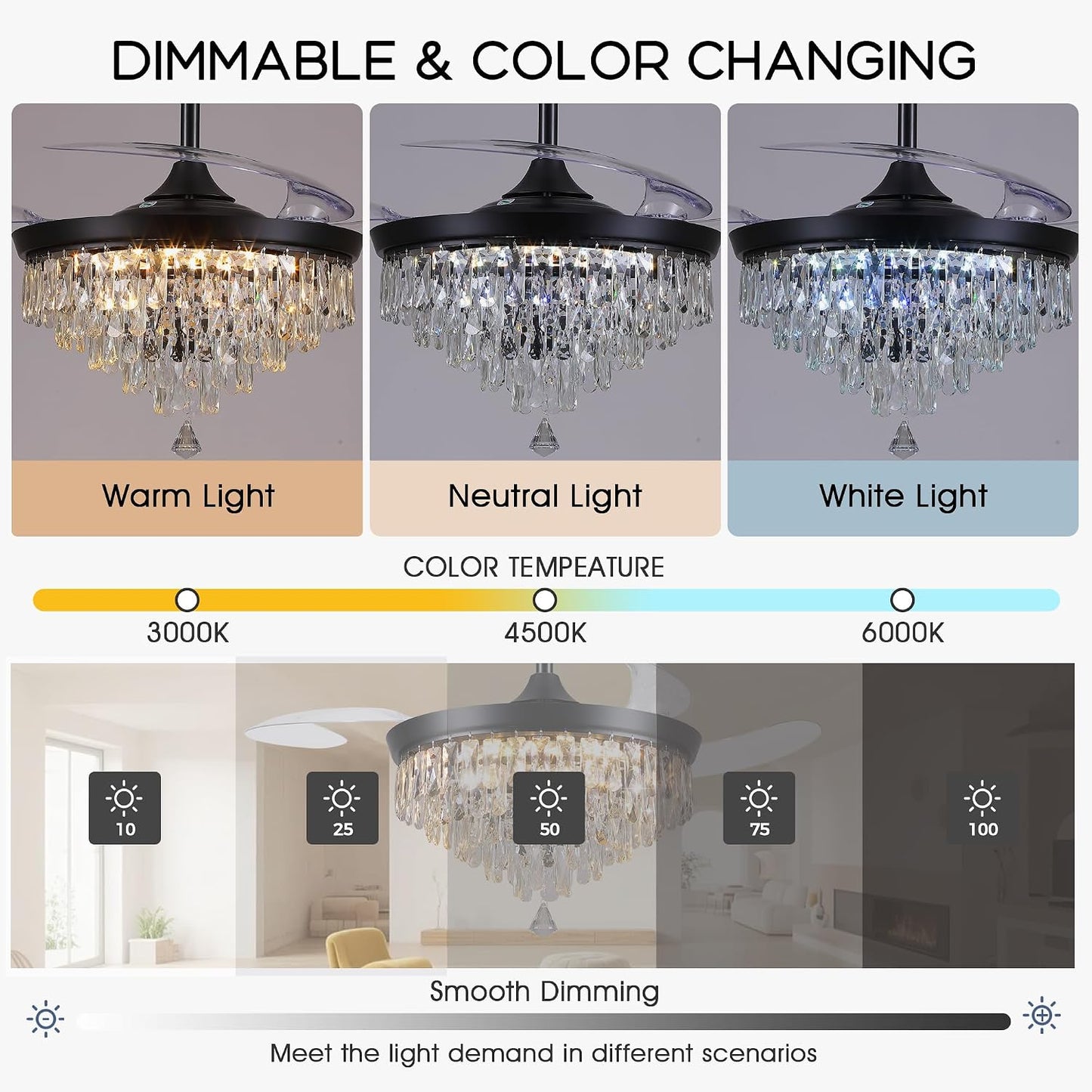 48" Chandelier Ceiling Fan with Lights, Crystal Retractable Fandelier with 3 Color LED Dimmable, Reversible DC Motor, Modern for Bedroom, Living Room5555-BLACK 5555-GOLD 5555-NICKEL
