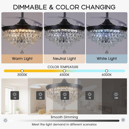 48" Chandelier Ceiling Fan with Lights, Crystal Retractable Fandelier with 3 Color LED Dimmable, Reversible DC Motor, Modern for Bedroom, Living Room5555-BLACK 5555-GOLD 5555-NICKEL