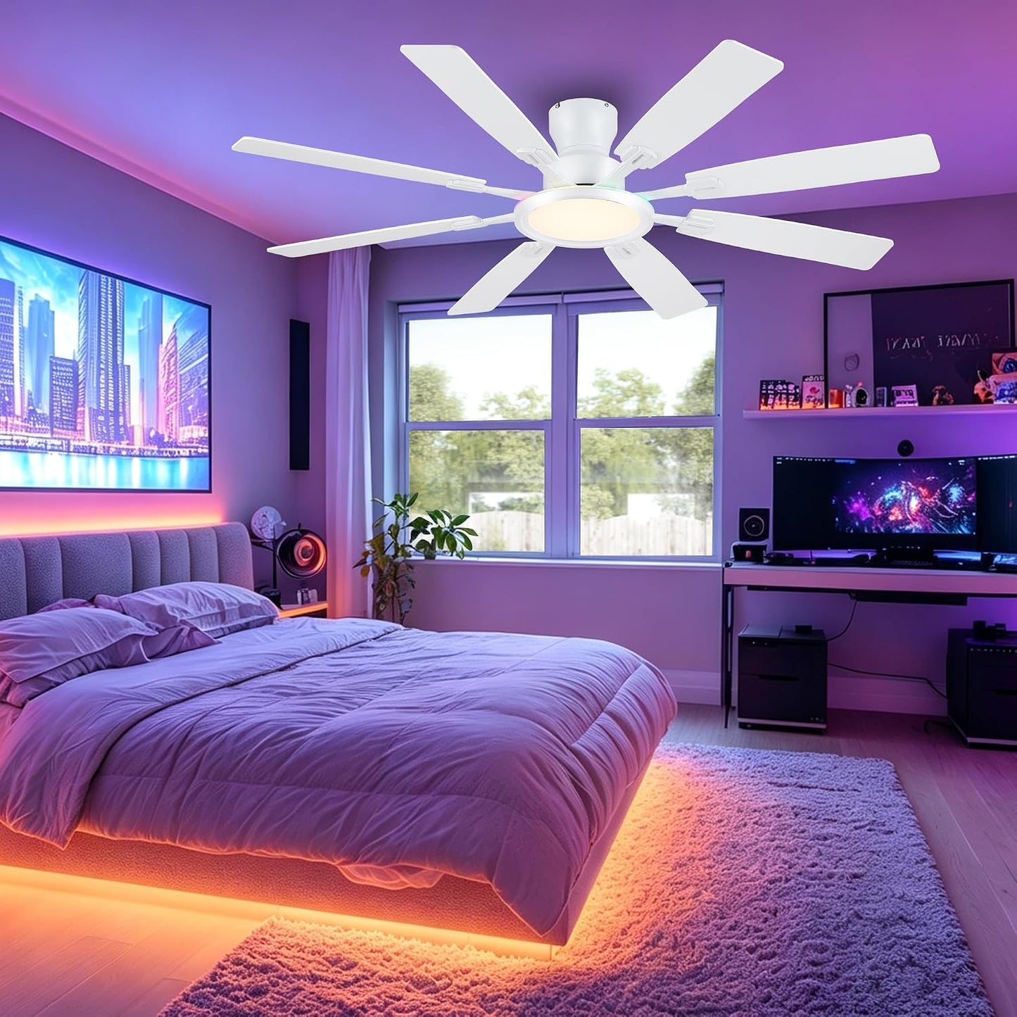 JSAITEE 60Inch Ceiling Fan with Lights Low Profile Flush Mount Brown RGB