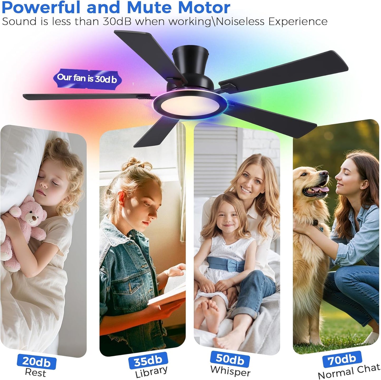 Ceiling Fans with Lights - 52in Flush Mount Ceiling Fan with RGB Dimmable, 3CCT 6 Wind Speeds and Reversible Quiet Motor, Low Profile RGB Fan Light for Modern Indoor, Party 8886-Black 8886-White 8886-Brown 8886-Nickel
