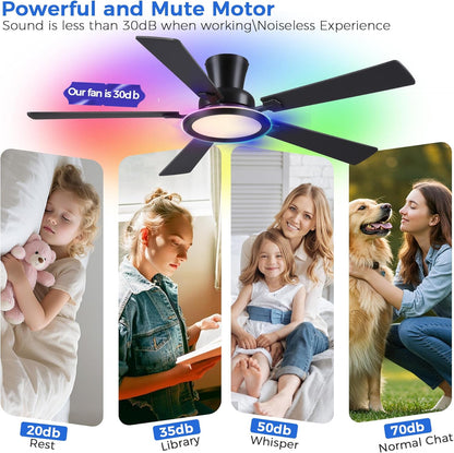 Ceiling Fans with Lights - 52in Flush Mount Ceiling Fan with RGB Dimmable, 3CCT 6 Wind Speeds and Reversible Quiet Motor, Low Profile RGB Fan Light for Modern Indoor, Party 8886-Black 8886-White 8886-Brown 8886-Nickel