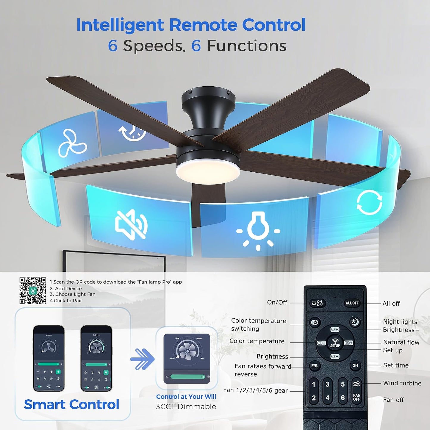 Ceiling Fans with Lights,46" Black Flush Mount Ceiling Fan Light with ABS Blades Reversible,3CCT Dimmable, Low Profile Fan Light for Indoor Modern Bedroom, Kitchen