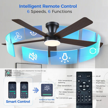 Ceiling Fans with Lights,46" Black Flush Mount Ceiling Fan Light with ABS Blades Reversible,3CCT Dimmable, Low Profile Fan Light for Indoor Modern Bedroom, Kitchen