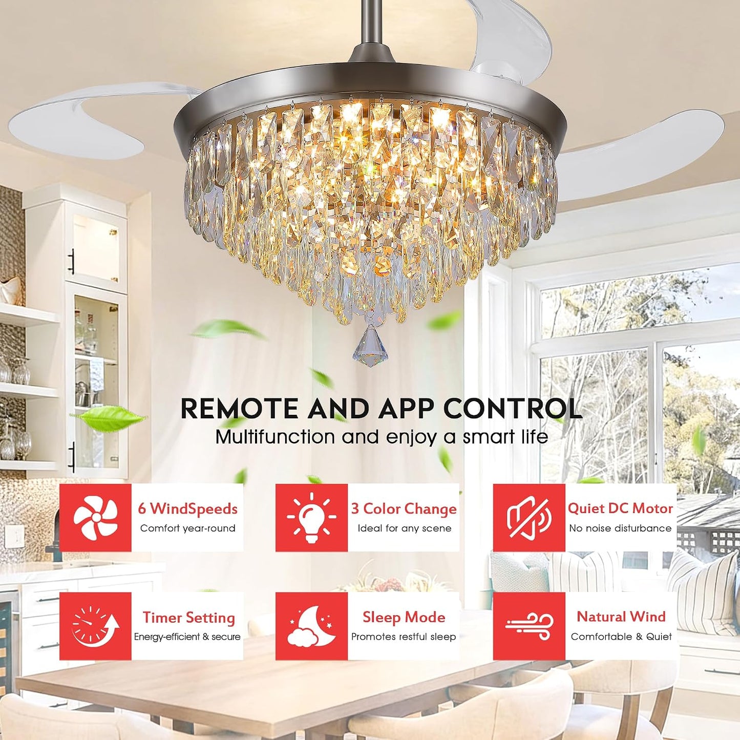 48" Chandelier Ceiling Fan with Lights, Crystal Retractable Fandelier with 3 Color LED Dimmable, Reversible DC Motor, Modern for Bedroom, Living Room5555-BLACK 5555-GOLD 5555-NICKEL