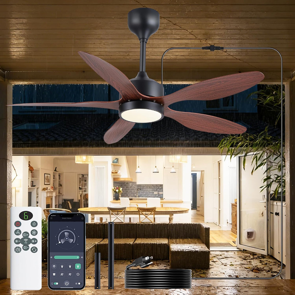 46 inch Waterproof Outdoor Ceiling Fan with Lights and Remote,IP65 Hanging Gazebo Fan with 3CCT 6-Speed DC Motor,Brown Wet Rated Plug in Ceiling Fan with Cord for Patios Porch Pergola LSP-36WP-Black LSP-36WP-White LSP-36WP-Brown
