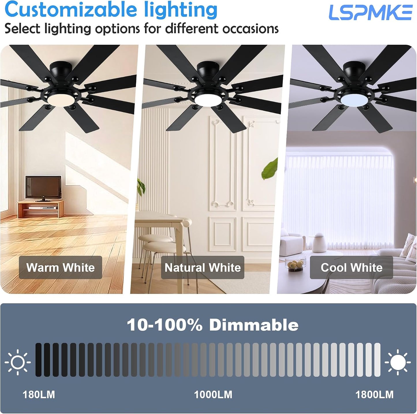 Ceiling Fans with Lights, 54 inch Low Profile Ceiling Fan with Light and Remote Control, Flush Mount Ceiling Fan for Bedroom, Living Room, Reversible, 3CCT, Dimmable, Noiseless DC Motor, Black White Brown