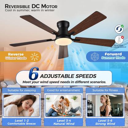 Ceiling Fans with Lights,52 Inch Low Profile Ceiling Fan with Light-Flush Mount Dimmable, Quiet DC Motor for Outdoor Patio,Garage,Bedroom Brown67-Black 52in 67-White 52in 67-Brown 52in 67-Nickel 52in