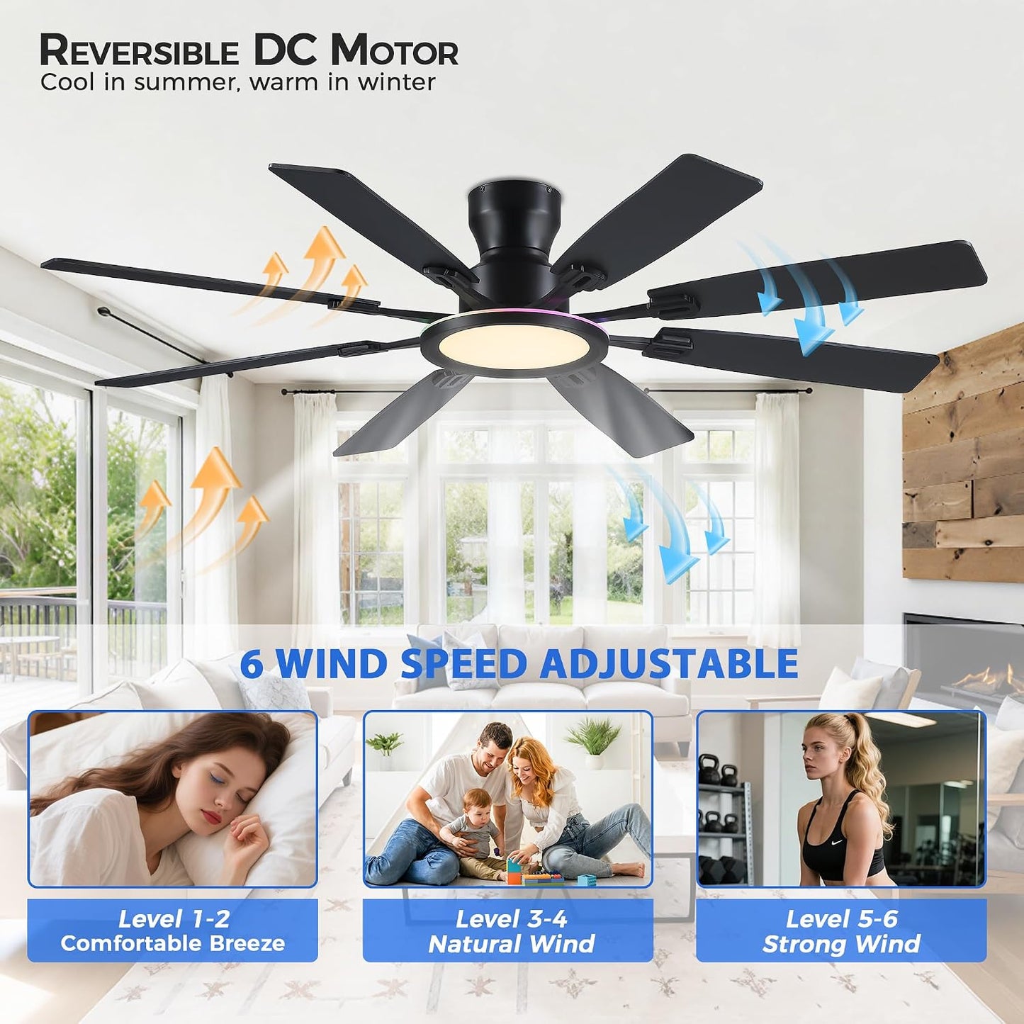Ceiling Fans with Lights -60in Brown Flush Mount Ceiling Fan with RGB SY8888-Black-RGB SY8888-White-RGB SY8888-Brown-RGB