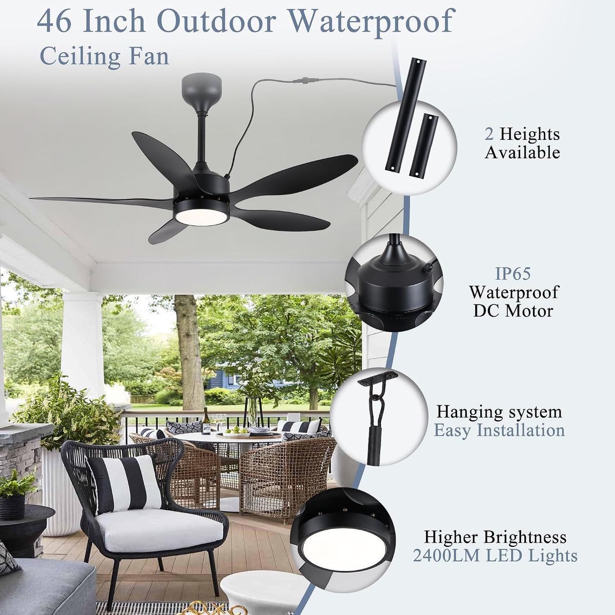 46 inch Waterproof Outdoor Ceiling Fan with Lights and Remote,IP65 Hanging Gazebo Fan with 3CCT 6-Speed DC Motor,Brown Wet Rated Plug in Ceiling Fan with Cord for Patios Porch Pergola LSP-36WP-Black LSP-36WP-White LSP-36WP-Brown