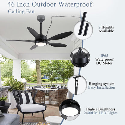 46 inch Waterproof Outdoor Ceiling Fan with Lights and Remote,IP65 Hanging Gazebo Fan with 3CCT 6-Speed DC Motor,Brown Wet Rated Plug in Ceiling Fan with Cord for Patios Porch Pergola LSP-36WP-Black LSP-36WP-White LSP-36WP-Brown