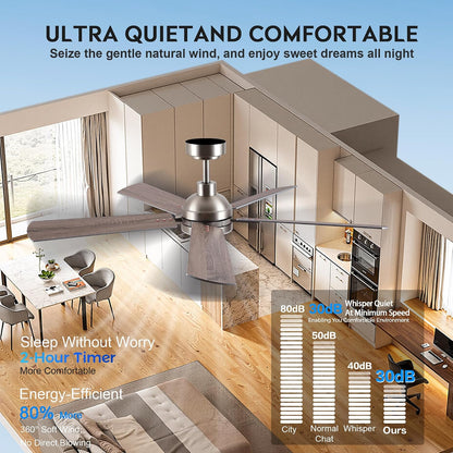 JSAITEE Ceiling Fans with Lights - 52Inch Low Profile Flush Mount Ceiling Fan with Light and Remote Control, DC Reversible Motor, Dimmable, 6 Speeds Ceiling Fan for Bedroom, Kitchen, JL-53-Black JL-53-White JL-053-Brwon JL-53-Nickel