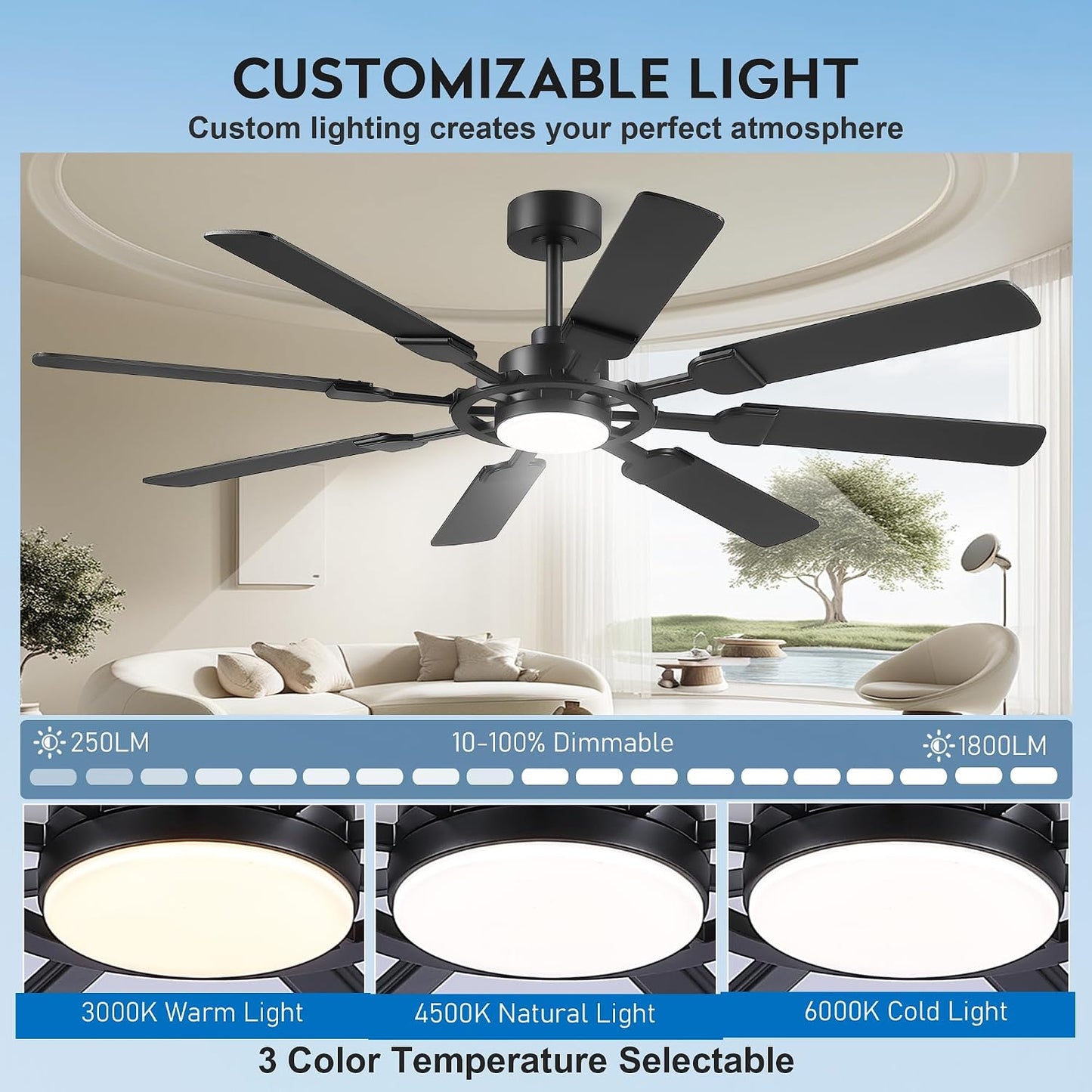 62" Ceiling Fan with Light - Modern White Low Profile Ceilings Fans Light08-Black-62In 08-White-62In 08-Brown-62In