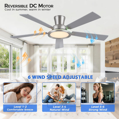 Ceiling Fans with Lights - 52in Flush Mount Ceiling Fan with RGB Dimmable, 3CCT 6 Wind Speeds and Reversible Quiet Motor, Low Profile RGB Fan Light for Modern Indoor, Party 8886-Black 8886-White 8886-Brown 8886-Nickel