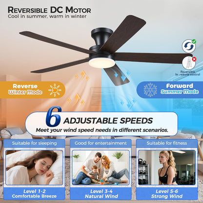 Ceiling Fans with Lights,46" Black Flush Mount Ceiling Fan Light with ABS Blades Reversible,3CCT Dimmable, Low Profile Fan Light for Indoor Modern Bedroom, Kitchen