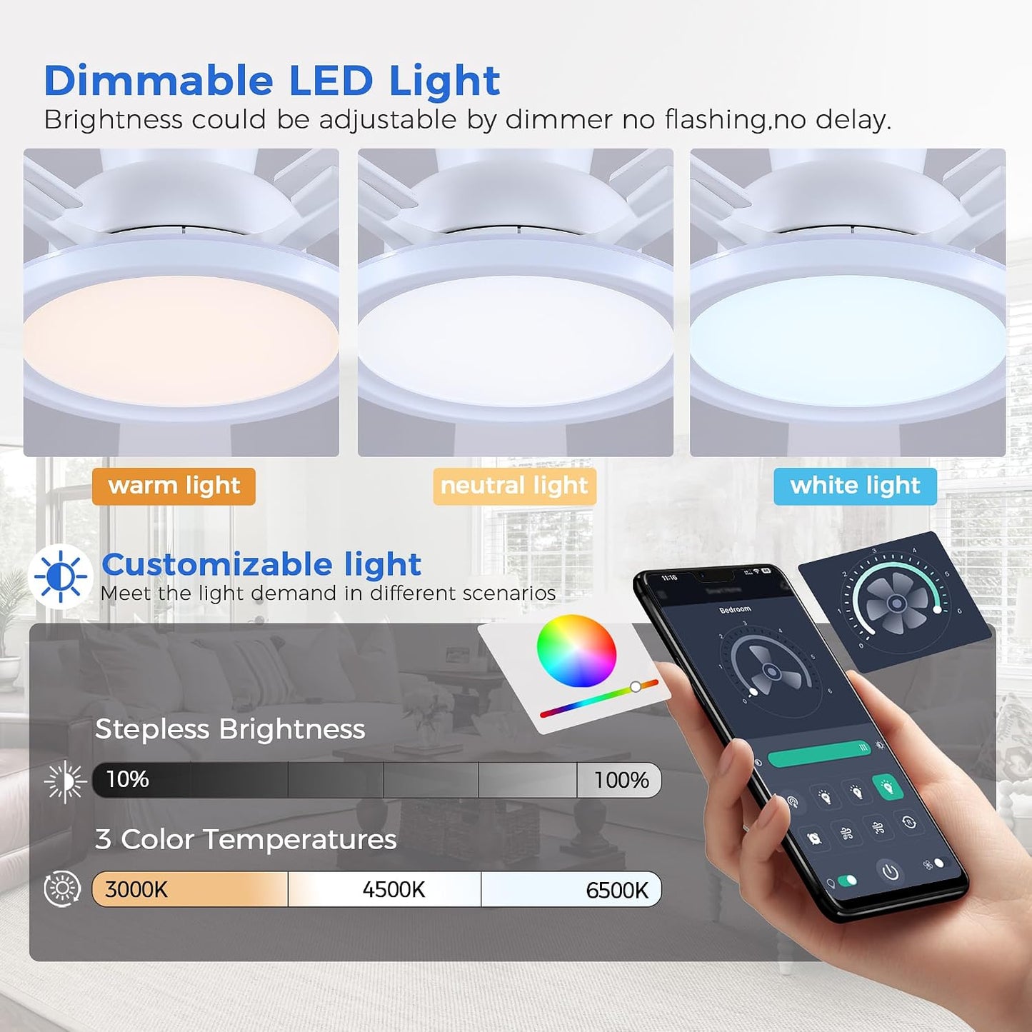 Ceiling Fans with Lights - 52in Flush Mount Ceiling Fan with RGB Dimmable, 3CCT 6 Wind Speeds and Reversible Quiet Motor, Low Profile RGB Fan Light for Modern Indoor, Party 8886-Black 8886-White 8886-Brown 8886-Nickel