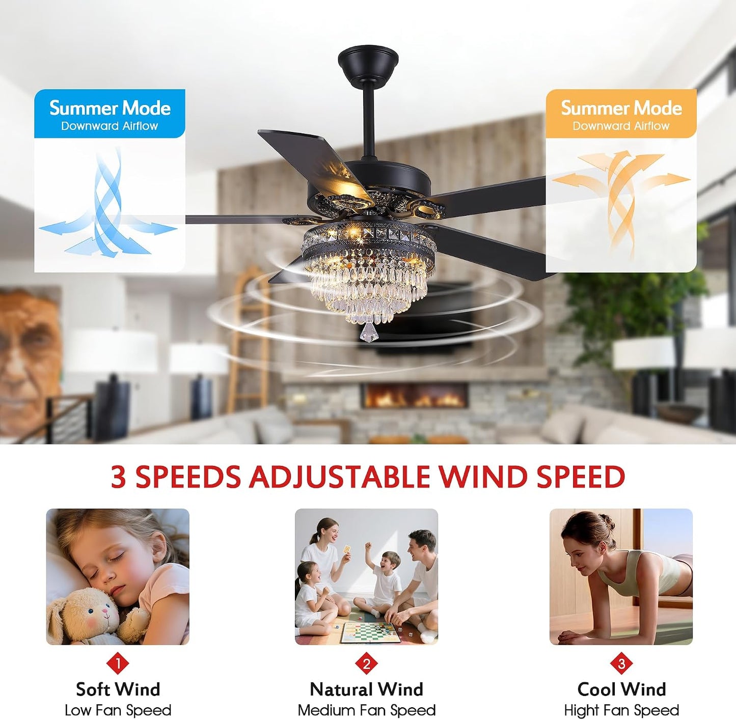 Crystal Ceiling Fan Fandelier with Lights - Retro Outdoor Fans (52" ) 5888 5888-Silver 52 5888-Gold 52