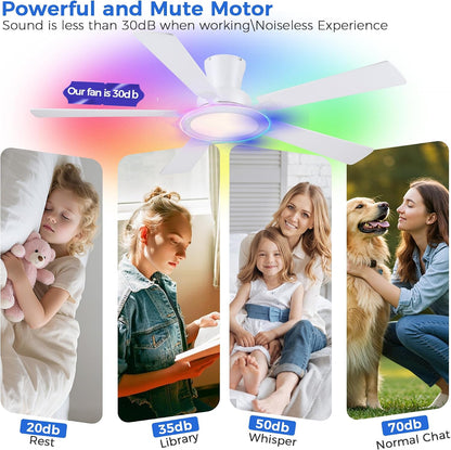 Ceiling Fans with Lights - 52in Flush Mount Ceiling Fan with RGB Dimmable, 3CCT 6 Wind Speeds and Reversible Quiet Motor, Low Profile RGB Fan Light for Modern Indoor, Party 8886-Black 8886-White 8886-Brown 8886-Nickel