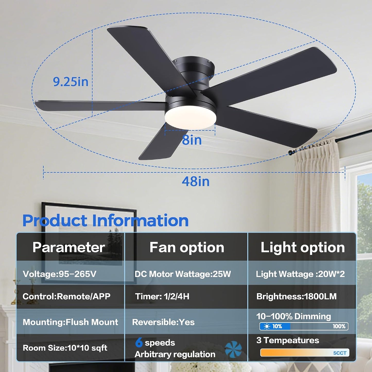 48In Ceiling Fan with Light Flush Mount - White Low Profile Ceiling Fan Light with Remote/APP, 5 Reversible Dual-Sided Blades, Modern Fan Light for Indoor Bedroom, Covered Outdoor