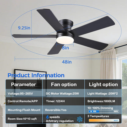 48In Ceiling Fan with Light Flush Mount - White Low Profile Ceiling Fan Light with Remote/APP, 5 Reversible Dual-Sided Blades, Modern Fan Light for Indoor Bedroom, Covered Outdoor