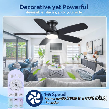 SAITEE 48" Ceiling Fans with Lights Low Profile - Flush Mount Ceiling Fan with Light and Remote, 6 Wind Speeds Reversible, Quiet, 3CCT Dimmable, Fan Light for Modern Indoor, Bedroom, Kitchen,JL68-48-Black JL068-48-white JL68-48-Brwon JL68-48-Nickle